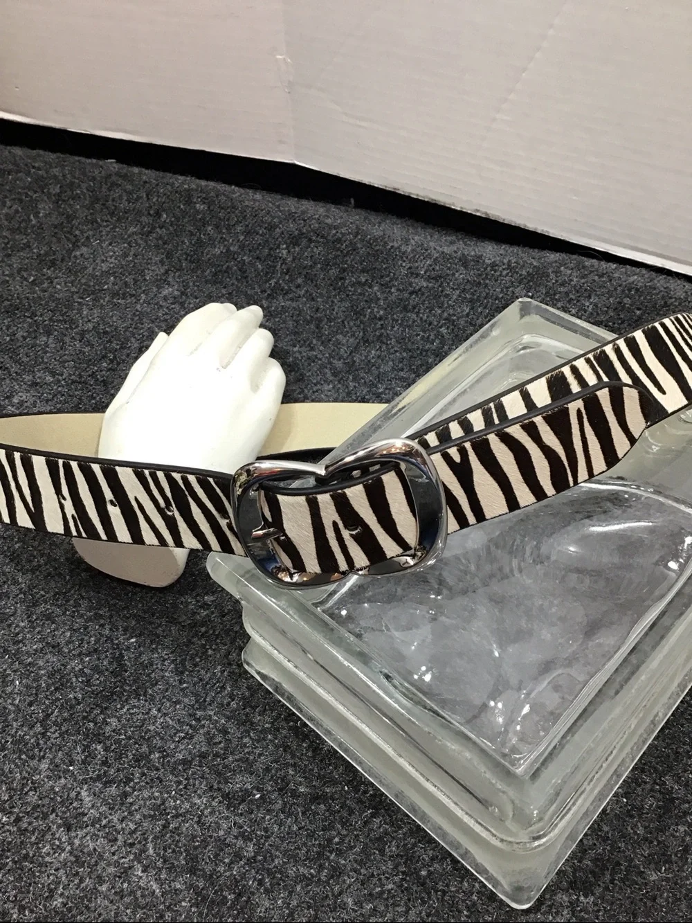 WHBM calf hair zebra print b/w leather belt silver buckle S